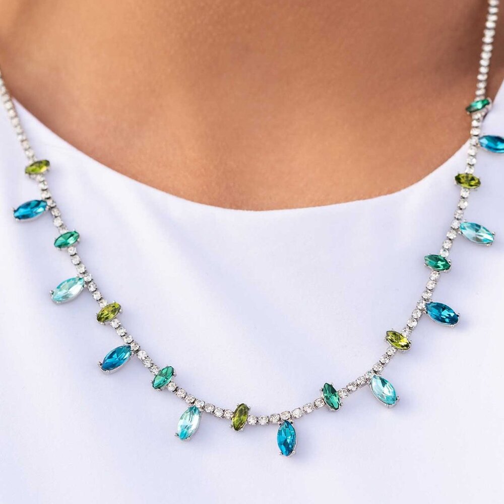 Muliti blue and green rhinestone necklace silver tone